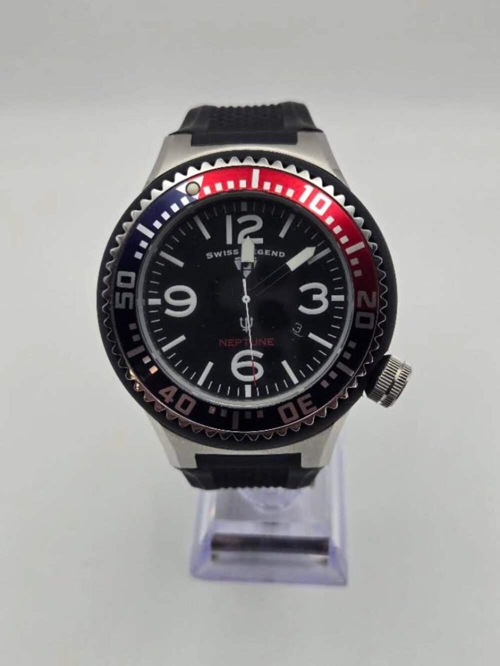 Swiss Legend Neptune 52mm Red & Blue Bezel Pristine Watch, New Battery NOS